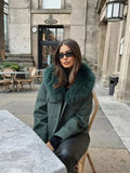 Army Green Bomber Jacket with Faux Fur Collar - HEATLNDN