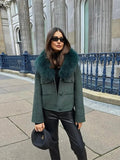 Army Green Bomber Jacket with Faux Fur Collar - HEATLNDN