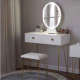 white gloss dressing table with round mirror and gold accents