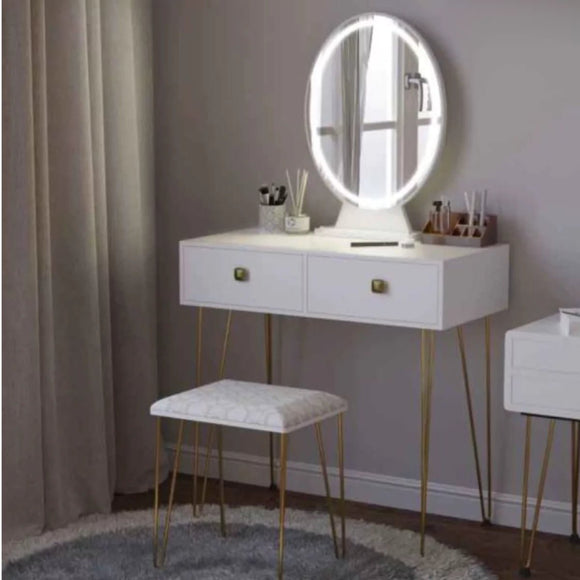 white gloss dressing table with round mirror and gold accents