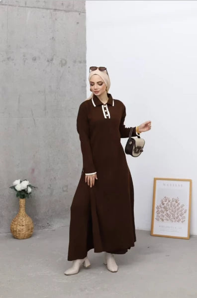 brown knitted maxi modest knitted dress