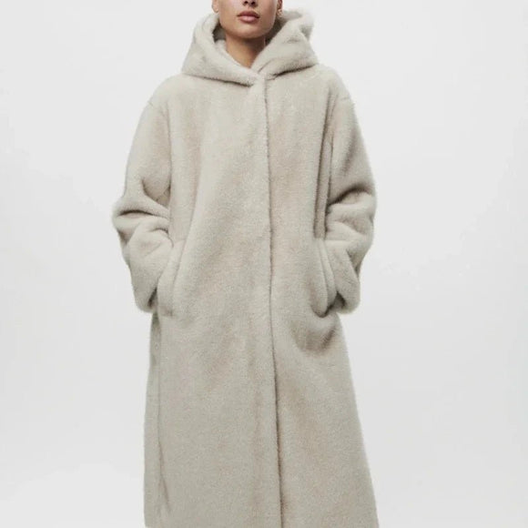 Long white fur coat with hood hot sale