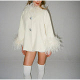 Oversized Cape Coat with Ostrich Fur Collar and Trim Detailing - HEATLNDN