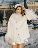 Oversized Cape Coat with Ostrich Fur Collar and Trim Detailing - HEATLNDN