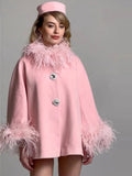 Oversized Cape Coat with Ostrich Fur Collar and Trim Detailing - HEATLNDN