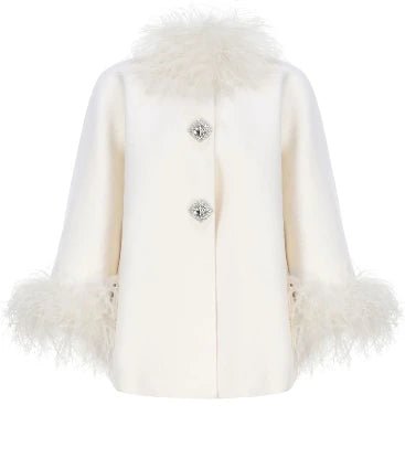 Oversized Cape Coat with Ostrich Fur Collar and Trim Detailing - HEATLNDN