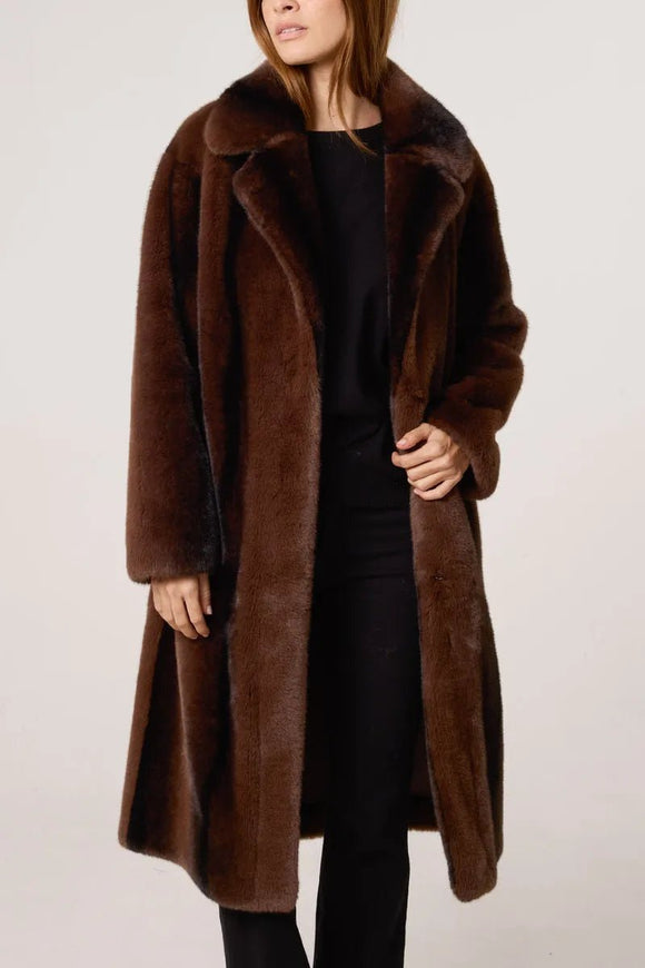 Plush Midi Brown Faux Fur Coat - HEATLNDN