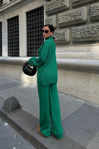 Wide Leg Knitted Lounge Suits Ladies Chunky Knitted Button Up