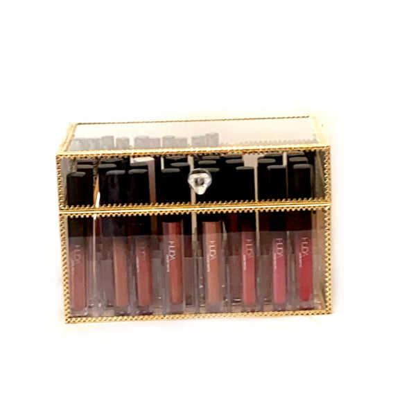 lipstick storage box with lid in clear glass and gold detailing