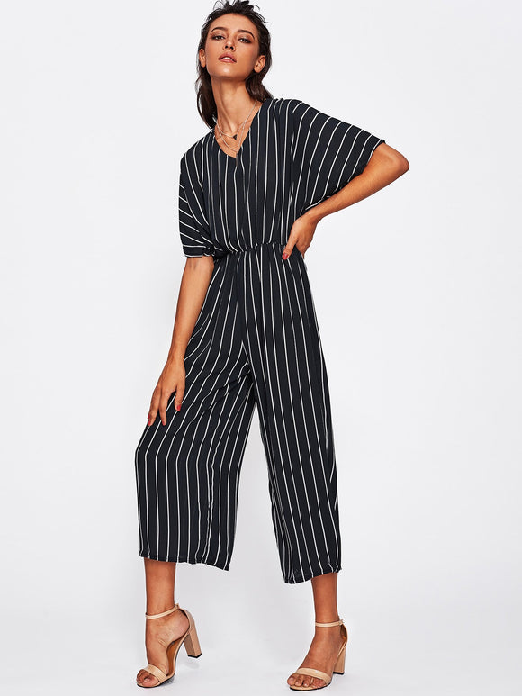 Wide Leg Jumpsuit with Vertical Stripe Print - HEATLNDN